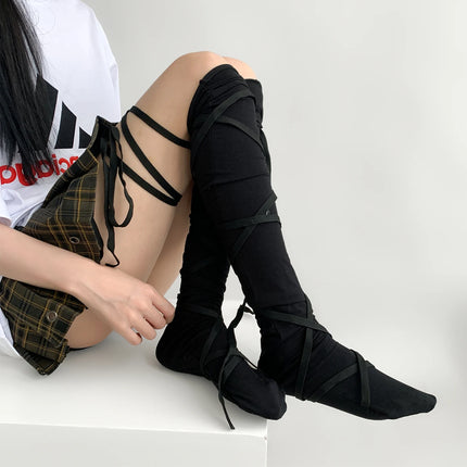 Chaussettes couvre-jambes punk pour femmes avec cravate au mollet Chaussettes à sangle au mollet de danse de ballet Chaussettes fines Y2K Chaussettes cosplay Lolita gothique japonais JK Club