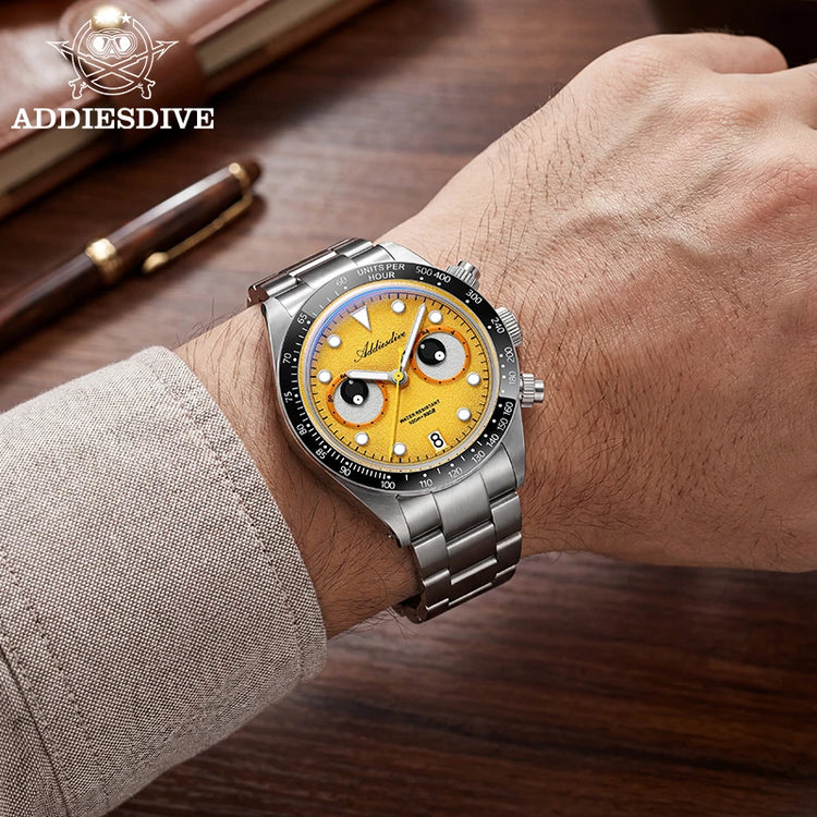 ADDIESDIVE VK64 Quartz Wristwatch Ceramic Bezel Chronograph Calendar Luxury Wristwatches Eyes Dial Bubble Mirror Glass Watches