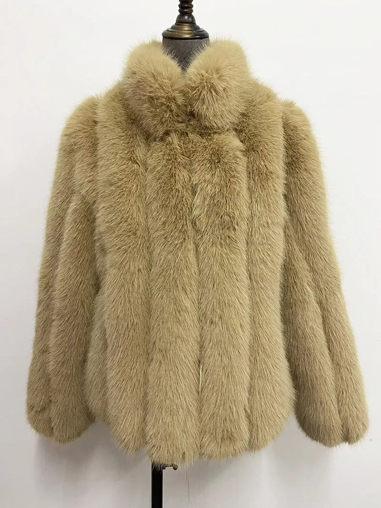 ZADORIN New Luxury Patchwork Striped Stand Collar Faux Fur Coat Woman Clothing Winter Furry Jacket Fur Faux Coats Warm Fur Top