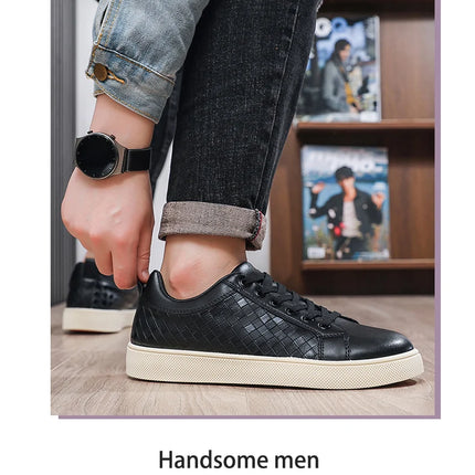 Men Low Top Leather Casual Shoes Lace-up Fashion Sneakers Black Embossed Plaid Upper Non Slip Flat Daily Wear Board Footwear