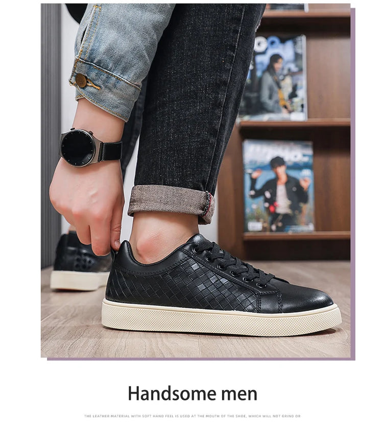 Men Low Top Leather Casual Shoes Lace-up Fashion Sneakers Black Embossed Plaid Upper Non Slip Flat Daily Wear Board Footwear