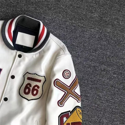 Men's Spring Autumn baseball uniform Retro Trend Men Leather Jacket heavy industry Embroidery white short Coat ins hot sale
