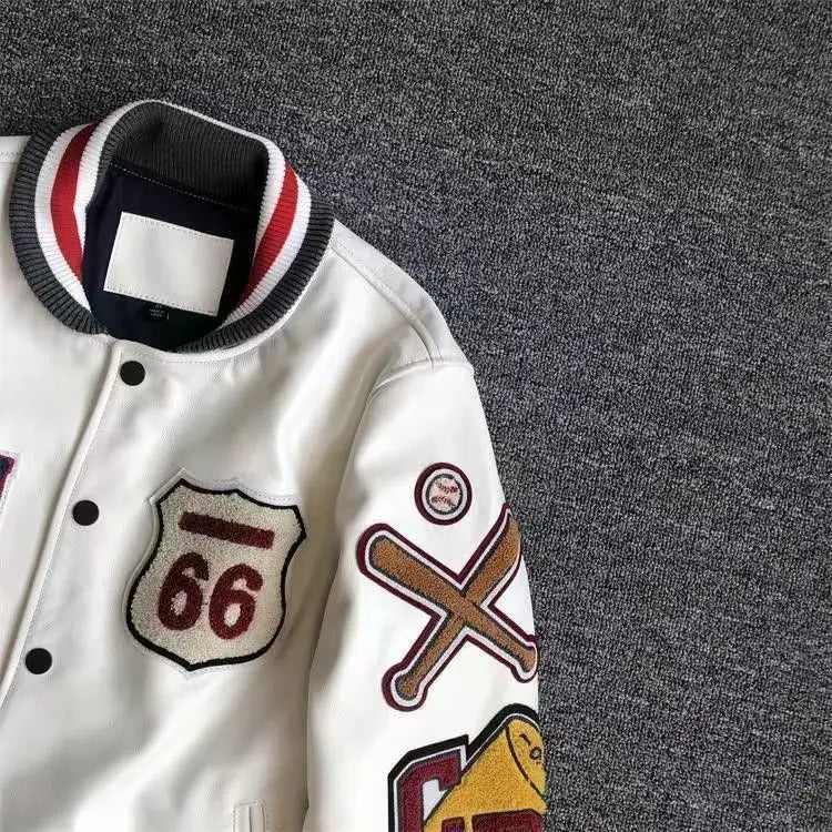 Men's Spring Autumn baseball uniform Retro Trend Men Leather Jacket heavy industry Embroidery white short Coat ins hot sale