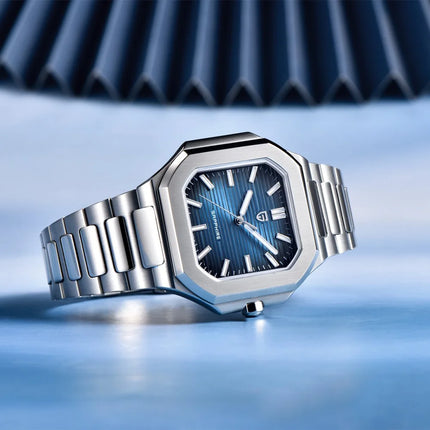PAGANI DESIGN 37MM Orologio al Quarzo di Alta Gamma, Quadrato, Semplice ed Elegante, con Cristallo Zaffiro, Cassa in Acciaio Inossidabile, Regalo per Uomo