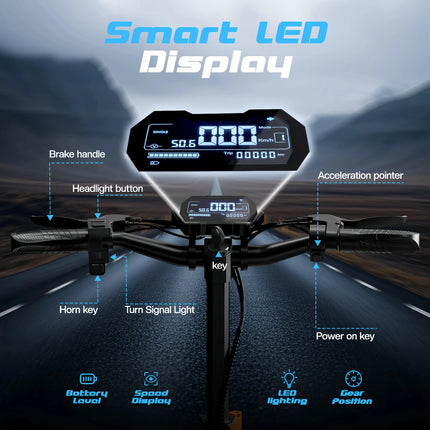 Potente Monopattino Elettrico T2 Master, 2400W, 52V 20.8Ah, Autonomia 65km, Doppio Motore, Pneumatici All-Terrain da 10'', Pieghevole