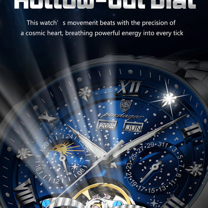 POEDAGAR Top Orologio da uomo originale Orologio meccanico automatico da uomo in acciaio inossidabile Calendario Hollow Tourbillon Orologio da uomo Maschio + scatola platinumshop