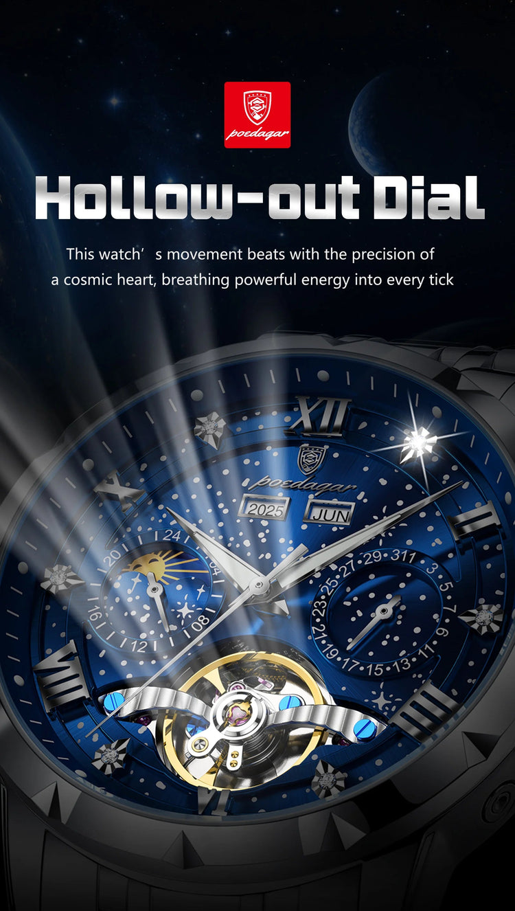 POEDAGAR Top Orologio da uomo originale Orologio meccanico automatico da uomo in acciaio inossidabile Calendario Hollow Tourbillon Orologio da uomo Maschio + scatola platinumshop