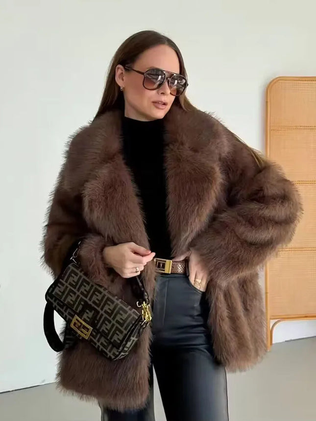 ZADORIN 2025 Winter Chic Furry Warm White Fox Faux Fur Coat Woman Clothing Lapel Oversized Mid Long Fluffy Fur Jacket Outerwears