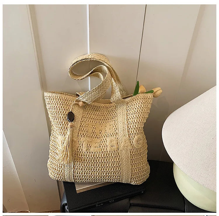 Borsa da donna in paglia intrecciata di grande capacità in stile francese, nuova borsa a tracolla per vacanze al mare, borsa tote da pendolarismo casual