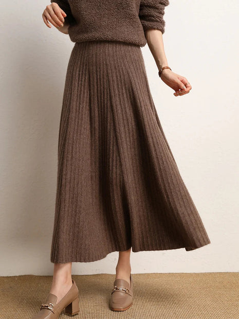 New Chic Pleated Skirts Woman Slimming Umbrellas Autumn Winter 100% Cashmere Knitted Long Skirt Solid Color Basics Woman Clothes PlatiNum