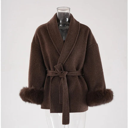 UCXQ Elegant Woolen Coat Temperament Office Lady Overcoats Fur Patchwork Long Sleeve Beautiful Women's Coats 2025 Winter New