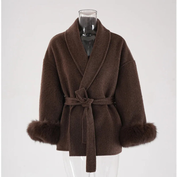 UCXQ Elegant Woolen Coat Temperament Office Lady Overcoats Fur Patchwork Long Sleeve Beautiful Women's Coats 2025 Winter New