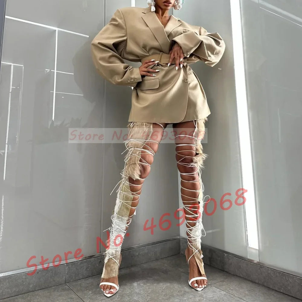 Fur Hide Lace Up Over Knee Sandals Women Wild Sexy Cross Tied High Heels Puttee Shoes Ladies Cutout Party Pointy Long Sandals