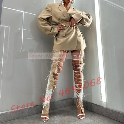 Fur Hide Lace Up Over Knee Sandals Women Wild Sexy Cross Tied High Heels Puttee Shoes Ladies Cutout Party Pointy Long Sandals