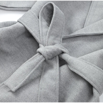 Women Grey Fur Splicing Woolen Coat Casual Belt Full Sleeve Lapel Loose Cardigan Outwear 2025 Lady Winter New Highstreet Jacket