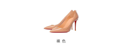 Scarpe col tacco di lusso da donna Fondo rosso lucido Décolleté a punta Rivetti di colore nudo Tacchi alti sottili Scarpe eleganti da donna di moda platinumshop