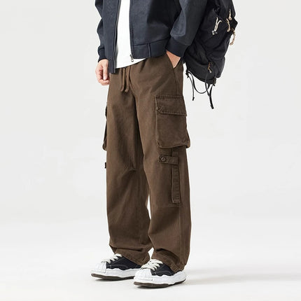 Autumn New Cargo Loose Multi-pockets 100% Cotton Straight Pants for Men Clothing Comfort Zipper Male Trouser GF258113