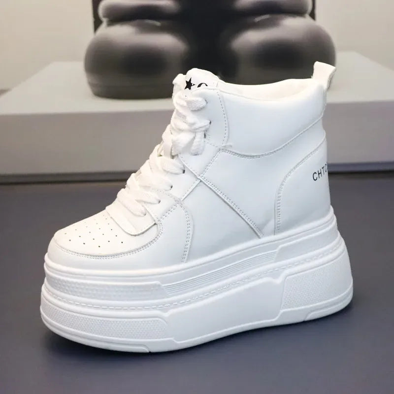 10CM 12CM 14CM High Top Leather Women Autumn Spring Platform Wedge Women Fashion Sneakers Chunky Shoes Vulcanize Skateboard - PlatiNum