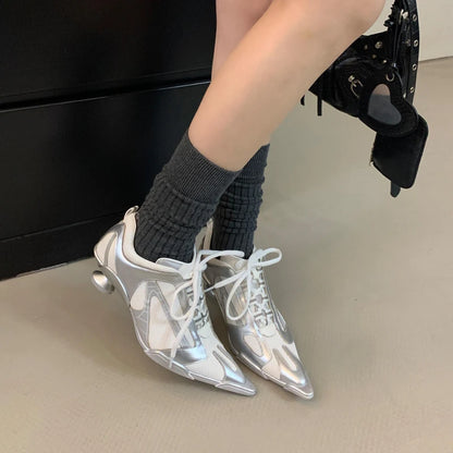 Low Heels Silver Shoes Women Pointed Toe Lace Up Sports Style High Heels Comfort Ladies Pumps Black Spring 2025 Shoes
