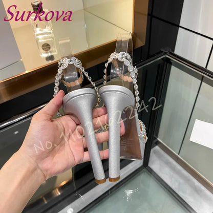 Women'S Chunky Heel Waterproof Platform Sandals Rhinestones Ankle Strap Open Toe Party Evening Shoes Luxury Designer High Heels