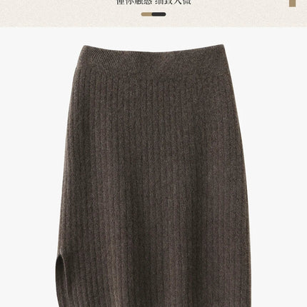 Women's Knitted Skirt 100% Merino Wool Sheath Skirt Solid Color Autumn/Winter Fashion Vertical Strip Wrap Hip Skirt Split Skirt PlatiNum