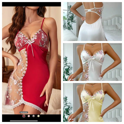 Camicia da notte chemise a V profonda in rete e raso ricamato trasparente – Sensation virale TikTok in UE/USA