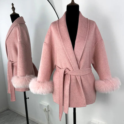 Tossy Fox Fur Wool Overcoat Women's Short Coat Office Lady Elegant Double-sided Woolen Coat 2025 New Cardigan Jackets Loose Wool