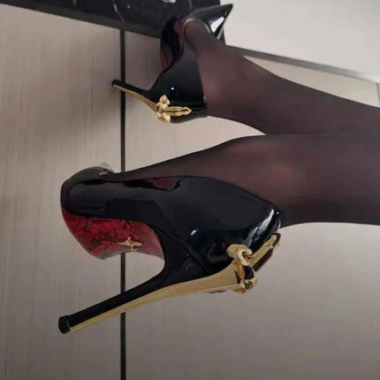 Nuovi tacchi alti con suola rossa per donna, primavera anticipata, tacchi sottili, punta a lama metallica, sexy, scarpe singole in pelle verniciata nera platinumshop