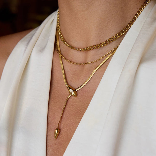 Uworld Simple Classic Zircon Serpentine Necklace 18K Gold Color Plated Stainless Steel Serpentine Chain Stackable Chain Women's PlatiNum