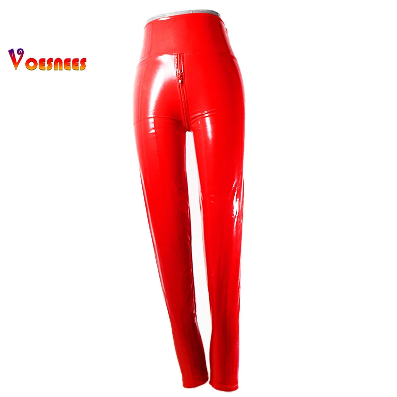 2024 Black Bright PU Leather Personalized Double Zipper Open Crotch Pants High Waisted Leggings Nightclub Stage Women's Pants