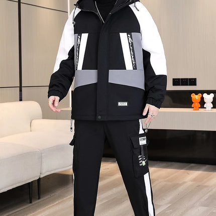 Men's Casual Wool Lined Thickened Hooded Set Fashionable Warm Sweatshirt Jacket Trendy Autumn Winter Men 2 Piece