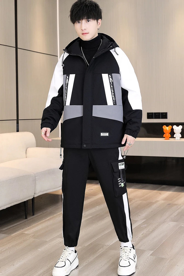 Men's Casual Wool Lined Thickened Hooded Set Fashionable Warm Sweatshirt Jacket Trendy Autumn Winter Men 2 Piece