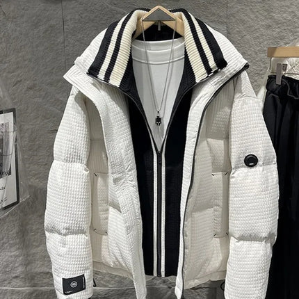 Winter Men Thick Warm White Duck Down Jacket Fashion Stand Collar Spliced Windproof Overcoat Loose Fit Casual Outside Down Coat