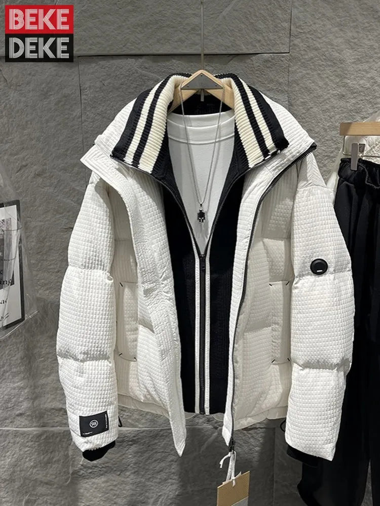 Winter Men Thick Warm White Duck Down Jacket Fashion Stand Collar Spliced Windproof Overcoat Loose Fit Casual Outside Down Coat