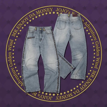 Jeans JoJo Anime con Pannelli Staccabili, Vita Alta, Gamba Larga, Stampa Denim, Viola e Oro, Patchwork, Taglio Dritto, per Uomo e Donna