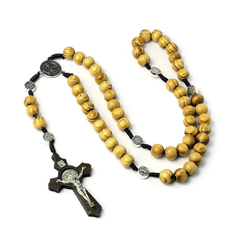 Collana con croce di rosario con perline di legno da 10 mm per donna uomo cristiano Vergine Maria INRI catena con ciondolo gioielli religiosi di moda PlatiNum