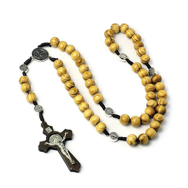 Collana con croce di rosario con perline di legno da 10 mm per donna uomo cristiano Vergine Maria INRI catena con ciondolo gioielli religiosi di moda PlatiNum