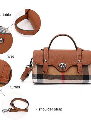 Borsa Mini Boston a Righe e Quadri in Tessuto con Finiture in Ecopelle, Chiusura a Giro e Torsione, Design con Patta, Borsa a Mano da Donna, a Tracolla, Portamonete