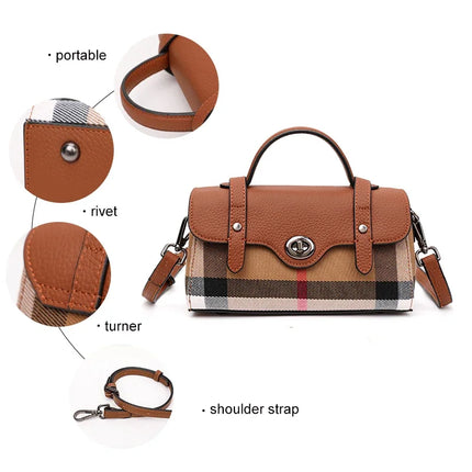 Borsa Mini Boston a Righe e Quadri in Tessuto con Finiture in Ecopelle, Chiusura a Giro e Torsione, Design con Patta, Borsa a Mano da Donna, a Tracolla, Portamonete