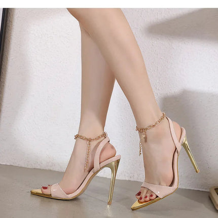 New Summer Sandals Women Fashion Gold Chain Ankle Strap Sexy Peep Toe Ladies Metal High Heels Sandals Woman Party Shoes Pumps PlatiNum