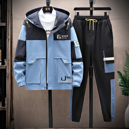 Spring Men Sportswear Tracksuit 2 Piece Running Sets Sports Hooded Jacket+Pant Sweatsuit Male Print Clothing Streetwear