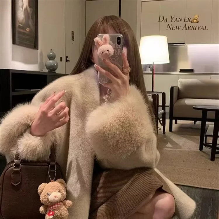 2026 Imported Velvet Mink Fur Coat With Mink Fur Collar,Temperament  Medium Length Fur Jacket Women