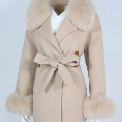 OFTBUY Real Fur Coat Winter Jacket Women Natural Fox Fur Collar Cuffs Belt Cashmere Wool Woolen Ladies Outerwear Streetwear