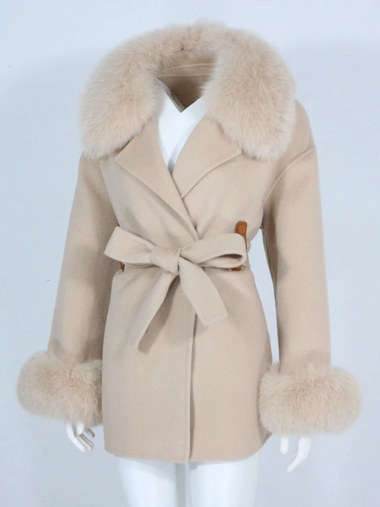 OFTBUY Real Fur Coat Winter Jacket Women Natural Fox Fur Collar Cuffs Belt Cashmere Wool Woolen Ladies Outerwear Streetwear