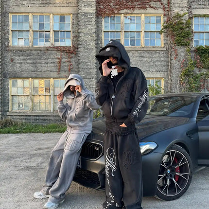 Retro hip hop Y2K street distressed color ripped design casual loose couple set trendy punk high street gothic fashion coat PlatiNum