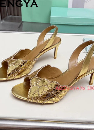 2026 Summer Trendy New Shiny Fish Mouth Toe Sexy Stiletto Sandals Woman Quality Sequined Thin High Heel Slippers for Women Shoes PlatiNum