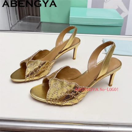 2026 Summer Trendy New Shiny Fish Mouth Toe Sexy Stiletto Sandals Woman Quality Sequined Thin High Heel Slippers for Women Shoes PlatiNum