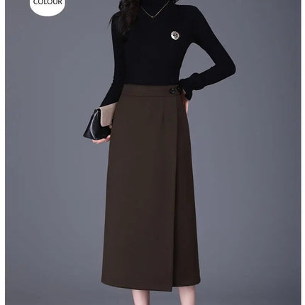 Women's Woolen Autumn and Winter New Style Elegant One-piece Unique and Stylish Straight Tube Slit Hugging Skirt PlatiNum