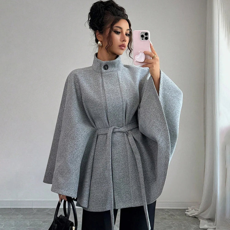 Women's Belted Wool Cape Coat High Neck Stand Collar Batwing Sleeve Loose Fit Winter Warm Poncho Outerwear 2026