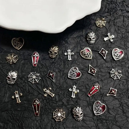 20PCS Alloy Dark Gothic Style Cross Skull Nail Art Decoration Punk Spider Web Coffin Nail Charm Accessories for DIY Crafts